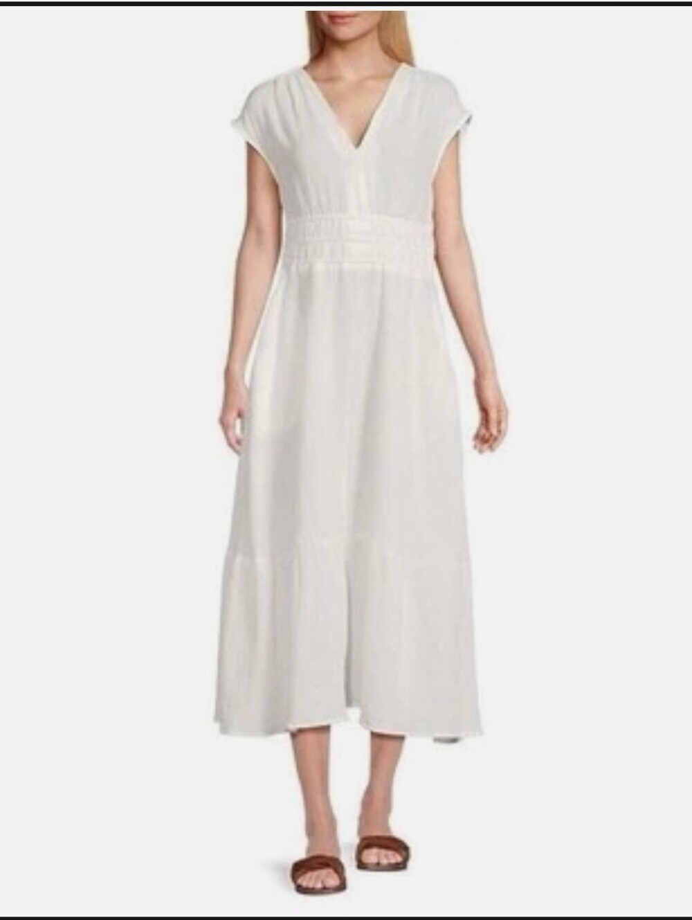 Joe's White Textured Cotton V-Neck Midi Dress Size S